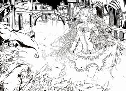 Rule 34 | bare shoulders, bridge, clothes lift, closed eyes, fish, flower, greyscale, hatsune miku, highres, leaf, light smile, long hair, monochrome, plant, skirt, skirt lift, solo, sukya, twintails, vocaloid, wading, water