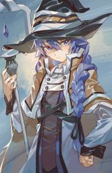 Rule 34 | 1girl, absurdres, black hat, blue background, blue eyes, blue hair, braid, braided ponytail, brown jacket, closed mouth, cowboy shot, grey shirt, hat, highres, holding, holding staff, hxxg, jacket, long hair, long sleeves, looking at viewer, mushoku tensei, open clothes, open jacket, roxy migurdia, shirt, solo, staff, standing, white sleeves, witch hat