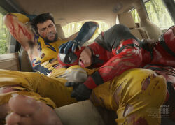 2boys appas arm_up armpit_hair armpits artist_name bara beard blood blood_on_arm blue_gloves bodysuit brown_hair bulge car_interior commentary deadpool deadpool_&amp;_wolverine deadpool_(series) english_commentary erection erection_under_clothes facial_hair feet gloves half-closed_eyes head_grab highres injury large_pectorals licking licking_through_clothes male_focus male_underwear marvel marvel_cinematic_universe mask multiple_boys muscular muscular_male nipples pectorals red_bodysuit red_mask short_hair sitting smirk teeth toes tongue tongue_out torn_bodysuit torn_clothes underwear wolverine_(x-men) x-men yaoi yellow_bodysuit