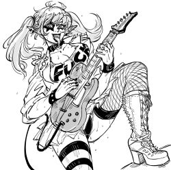 Rule 34 | 1girl, bb (baalbuddy), belt collar, boots, bracelet, breasts, cleavage, clothes writing, collar, cross-laced footwear, drawing on another&#039;s face, earrings, electric guitar, elf, english text, fingernails, greyscale, guitar, high heel boots, high heels, highres, holding, holding instrument, instrument, jewelry, large breasts, long hair, long tongue, looking at viewer, meme attire, monochrome, music, original, panties, pantyshot, playing instrument, pointy ears, profanity, shoulder spikes, simple background, smile, solo, spikes, standing, studded bracelet, sweat, tongue, tongue out, twintails, underwear, white background