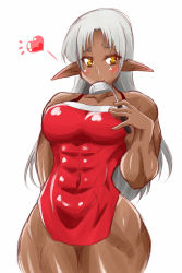Rule 34 | 1girl, abs, absurdres, apron, blush, blush stickers, breasts, dark-skinned female, dark elf, dark skin, elf, female focus, hands on own breasts, heart, heart stickers, highres, ladle, large breasts, looking to the side, mister x (shojinn), muscular, muscular female, naked apron, object in mouth, pointy ears, simple background, solo, spoken heart, tareme, thick thighs, thighs, white background, yellow eyes