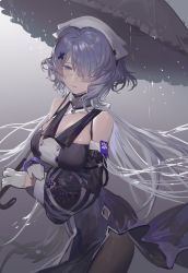 Rule 34 | 1girl, absurdres, arknights, bare shoulders, bingansuan jiamouren, black dress, black pantyhose, breasts, chinese commentary, cleavage, commentary request, cowboy shot, detached sleeves, dress, gloves, gradient background, grey background, grey hair, grey umbrella, hair over one eye, highres, holding, holding umbrella, large breasts, long hair, long sleeves, pantyhose, puffy sleeves, purple eyes, solo, standing, umbrella, very long hair, whisperain (arknights), white gloves, white headwear