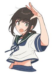 1girl absurdres arm_up blue_neckerchief blue_skirt blush brown_hair commentary_request cropped_torso fubuki_(kancolle) fuminomino green_eyes green_sailor_collar hair_tie highres kantai_collection looking_at_viewer low_ponytail medium_hair midriff navel neckerchief open_mouth pleated_skirt sailor_collar salute school_uniform serafuku shirt short_sleeves sidelocks simple_background skirt white_background white_shirt