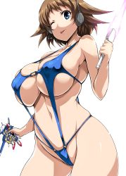 Rule 34 | 10s, 1girl, ;p, bare shoulders, beam saber, blue eyes, blue one-piece swimsuit, blue slingshot swimsuit, breasts, brown hair, cameltoe, cleavage, commentary request, covered erect nipples, cowboy shot, earphones, energy sword, garter straps, gundam, gundam build divers, gunpla, headphones, highres, holding, holding weapon, large breasts, looking at viewer, model kit, nanase nanami (gundam build divers), navel, o-ring, o-ring swimsuit, one-piece swimsuit, one eye closed, partially visible vulva, revealing clothes, shiny skin, short hair, sideboob, simple background, skindentation, slingshot swimsuit, smile, solo, standing, swimsuit, sword, tongue, tongue out, tsukasawa takamatsu, underboob, victory gundam, weapon, white background, wink