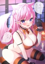 Rule 34 | &gt; &lt;, 1girl, animal ears, black choker, black gloves, black panties, blue eyes, blurry, blurry background, blush, bow, bowtie, bra, breasts, candle, cat ears, cat tail, choker, claw pose, cleavage, collarbone, fang, ghost, gloves, halloween, hamico, hand on floor, hand up, highres, indoors, jack-o&#039;-lantern, large breasts, long hair, looking at viewer, open mouth, orange bow, orange bra, original, panties, pink hair, pink tail, pointy ears, shards, sitting, smile, solo, striped clothes, striped thighhighs, tail, thighhighs, underwear, underwear only, wariza, window