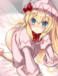 Rule 34 | 1girl, :&lt;, all fours, artist name, ass, barefoot, blonde hair, blue eyes, blush, bottomless, bow, bowtie, closed mouth, commentary request, dress, fairy wings, foot out of frame, hair between eyes, hat, hat bow, lily white, long hair, looking at viewer, nose blush, one-hour drawing challenge, onomiya, red bow, red bowtie, solo, touhou, white dress, white hat, wings