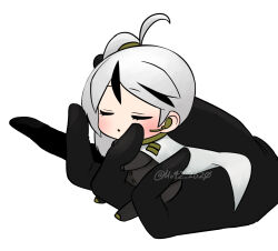 Rule 34 | 1boy, ahoge, badge, black gloves, black jacket, black pants, cape, chibi, disembodied hand, gloves, gold trim, highres, jacket, library of ruina, long hair, looking at viewer, mini person, miniboy, moribe denkou, pants, project moon, side ponytail, solo, white cape, white hair, yan vismok