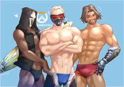 Rule 34 | 3boys, abs, bears, brown hair, cassidy (overwatch), facial hair, highres, male focus, mask, multiple boys, muscular, nipples, outdoors, overwatch, overwatch 1, pectorals, reaper (overwatch), silver hair, smile, soldier: 76 (overwatch), summer, tagme, topless male