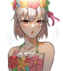 Rule 34 | 1girl, ahatsu235, bare shoulders, bikini, blush, breasts, collarbone, fate/grand order, fate (series), flower wreath, green bikini, hair ribbon, head wreath, kama (fate), kama (swimsuit avenger) (fate), kama (swimsuit avenger) (first ascension) (fate), looking at viewer, open mouth, red eyes, ribbon, short hair, silver hair, simple background, small breasts, solo, speech bubble, swimsuit, translation request, white background
