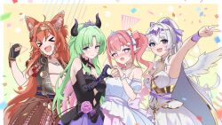 &gt;_&lt; 4girls ahoge airi_viridis animal_ear_fluff animal_ears armor black_dress black_gloves blue_eyes breasts cleavage cloud_hair_ornament colored_inner_hair confetti dress earrings elia_stellaria feathered_wings fingerless_gloves flower gloves green_hair hair_ornament heart heart_hands jewelry kirispica kitatyoco large_breasts laurels medium_breasts mozumi_pichi multicolored_hair multiple_girls open_mouth orange_hair pink_flower pink_hair pink_rose pleated_dress pointy_ears purple_eyes purple_flower purple_ribbon purple_rose ribbon roman_armor rose see-through_clothes see-through_cleavage small_breasts star_(symbol) star_hair_ornament tail teeth tiara upper_teeth_only v v-dere virtual_youtuber white_dress white_ribbon white_wings wings wolf_ears wolf_girl wolf_tail