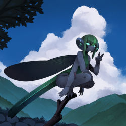 Rule 34 | 1girl, arthropod girl, closed mouth, cloud, dragonfly girl, dragonfly wings, extra arms, female focus, glowing, glowing eyes, grass, green hair, highres, insect wings, joints, kamukamu6392, looking at viewer, monster girl, mountain, nature, original, outdoors, solo, squatting, v, wings