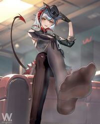Rule 34 | 1girl, absurdres, arknights, blush, bm (bm364364), crossed legs, demon tail, feet, hand on own knee, hat, highres, looking at viewer, medium hair, multicolored hair, open mouth, pantyhose, silver hair, sitting, soles, steam, streaked hair, tail, w (arknights), w (wanted) (arknights), yellow eyes