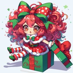 Rule 34 | 1girl, belt, bow, box, brown eyes, capelet, chibi, christmas, commentary, dress, english commentary, fur-trimmed capelet, fur-trimmed dress, fur trim, fur wrist cuffs, gift, gift box, hair bow, high heels, highres, in box, in container, isosceless, large bow, long hair, merry christmas, mixed-language commentary, open mouth, original, pantyhose, red hair, solo, spanish commentary, striped clothes, striped pantyhose, twintails, very long hair, wrist cuffs