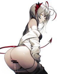 Rule 34 | 1girl, alternate costume, antenna hair, anus, arknights, ass, bar censor, bare shoulders, black panties, black pants, black shirt, breasts, censored, closed mouth, clothes pull, cross, cross necklace, demon girl, demon horns, demon tail, from behind, grey hair, highres, horns, iumu, jacket, jewelry, leaning forward, long sleeves, looking at viewer, looking back, medium breasts, mouth hold, multicolored hair, necklace, open clothes, open jacket, panties, pants, pants pull, panty pull, peeing, pointless censoring, pussy juice, red hair, shirt, short hair, smile, solo, tail, two-tone hair, underwear, w (arknights), white jacket, yellow eyes