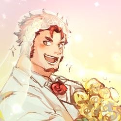 Rule 34 | 1boy, alternate costume, bad id, bad twitter id, bara, blush, bouquet, bridal veil, claude (housamo), close-up, dress, facial hair, flower, formal, goatee, highres, laurel crown, long sideburns, looking at viewer, male focus, open mouth, portrait, red hair, sdz (inazuma), short hair, sideburns, sketch, smile, solo, suit, tokyo houkago summoners, veil, wedding, wedding dress, white suit