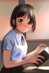 Rule 34 | 1girl, absurdres, black hair, black skirt, blush, book, breasts, brown eyes, closed mouth, collared shirt, desk, dress shirt, highres, holding, holding book, indoors, looking at viewer, looking to the side, matsunaga kouyou, neck ribbon, nose blush, open book, original, pleated skirt, red ribbon, ribbon, school desk, school uniform, shirt, short hair, skirt, small breasts, smile, solo, split mouth, upper body, white shirt, window