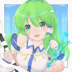 Rule 34 | 1girl, absurdres, bare shoulders, blue hairband, border, breasts, collar, collared vest, commentary request, detached sleeves, frog hair ornament, gohei, green eyes, green hair, hair ornament, hair tubes, hairband, happy, highres, japanese clothes, jewelry, kochiya sanae, large breasts, blue background, light blush, long hair, looking at viewer, miko, nazawa (nother), necklace, nontraditional miko, oonusa, open mouth, outside border, ribbon, snake hair ornament, touhou, undefined fantastic object, upper body, very long hair, vest, white border, white ribbon, white sleeves, white vest, wide sleeves