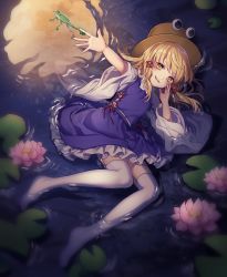 Rule 34 | 1girl, absurdres, arm up, blonde hair, blush, brown headwear, commentary request, flower, frog, from above, full body, full moon, hair ribbon, hand up, highres, kyouda suzuka, lily pad, long sleeves, looking at viewer, lying, miniskirt, moon, moriya suwako, no shoes, on side, open mouth, petticoat, pink flower, purple skirt, purple vest, red ribbon, reflection, ribbon, shirt, short hair, sidelocks, skirt, skirt set, smile, soaking feet, solo, thighhighs, touhou, vest, water, white shirt, white thighhighs, wide sleeves, yellow eyes, zettai ryouiki