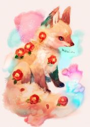 Rule 34 | animal, animal focus, bad id, bad pixiv id, commentary request, flower, flower request, fluffy, fox, full body, highres, male focus, manino (mofuritaionaka), original, red flower, signature, solo