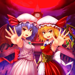 Rule 34 | 2girls, adapted costume, ascot, blonde hair, blue hair, breasts, brooch, clock, clock tower, dress, fang, female focus, flandre scarlet, full moon, hat, hat ribbon, highres, iyamato, jewelry, moon, multiple girls, night, open mouth, outstretched hand, red eyes, red moon, remilia scarlet, ribbon, scarlet devil mansion, short hair, siblings, side ponytail, sisters, skirt, skirt set, sleeveless, small breasts, smile, touhou, tower, wings