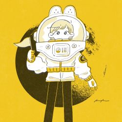 Rule 34 | 1girl, astronaut, black eyes, crater, expressionless, feet out of frame, flag, halftone, helmet, highres, holding, holding flag, keke (kotowari), long sleeves, looking at viewer, monochrome, moon, no nose, original, solo, space helmet, spacesuit, standing, yellow theme