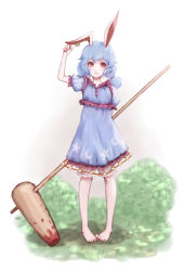 Rule 34 | 1girl, ambiguous red liquid, animal ears, barefoot, blood, bloomers, blue hair, crescent, dress, ear tag, earclip, full body, highres, hoshibuchi, kine, mallet, puffy short sleeves, puffy sleeves, rabbit ears, red eyes, seiran (touhou), short hair, short sleeves, simple background, solo, stain, star (symbol), touhou, underwear, white background