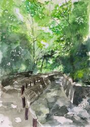 Rule 34 | day, fence, forest, highres, nature, original, painting (medium), park, sakaue111, scenery, shadow, sunlight, traditional media, tree, trench, watercolor (medium)