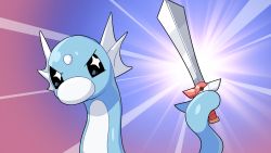 Rule 34 | + +, animal focus, black eyes, blue background, creatures (company), dratini, drunkoak, forehead jewel, game freak, gen 1 pokemon, gradient background, highres, holding, holding sword, holding weapon, light rays, looking to the side, nintendo, no humans, poke ball symbol, pokemon, pokemon (creature), solo, sword, tail, tail hold, v-shaped eyebrows, weapon, white gemstone