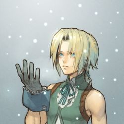 Rule 34 | 1boy, aqua eyes, aqua ribbon, bare shoulders, blonde hair, cropped vest, final fantasy, final fantasy ix, frilled shirt collar, frills, gloves, green vest, grey background, grey gloves, looking up, low ponytail, male focus, neck ribbon, parted bangs, parted lips, ribbon, shirt, short hair with long locks, snowing, solo, toned, toned male, uboar, upper body, vest, white shirt, wrist cuffs, zidane tribal