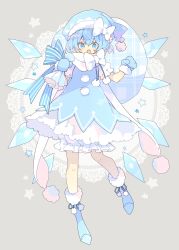 Rule 34 | 1girl, alternate costume, blue eyes, blue footwear, blue gloves, blue hair, blue hat, blue santa costume, blush, cirno, commentary, fairy, fang, full body, gloves, grey background, hair between eyes, hat, highres, holding, holding sack, ice, ice wings, nikorashi-ka, open mouth, pom pom (clothes), puffy short sleeves, puffy sleeves, sack, santa costume, santa hat, short hair, short sleeves, solo, star (symbol), symbol-only commentary, touhou, wings