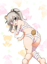 Rule 34 | 1girl, all fours, animal ears, animal print, ass, back, bandages, bandaid, bear ears, bear print, bear tail, black ribbon, blush, boko (girls und panzer), boko (girls und panzer) (cosplay), brown eyes, butt crack, commentary request, cosplay, enma702, eyepatch, fake animal ears, from behind, frown, girls und panzer, hair ribbon, highres, kneepits, legs, light brown hair, long hair, looking at viewer, looking back, naked bandage, open mouth, partial commentary, ribbon, shimada arisu, side ponytail, solo, tail