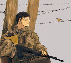 Rule 34 | 1boy, ak-47, ak-74, assault rifle, barbed wire, beige background, bird, black eyes, black hair, book, boots, brown footwear, camouflage, camouflage jacket, camouflage pants, closed mouth, dirty, dirty face, fullmetal alchemist, grey background, gun, highres, holding, holding book, jacket, jitome, kalashnikov, kalashnikov rifle, knee up, looking at animal, looking away, military, military uniform, open book, pants, profile, rifle, roy mustang, simple background, sitting, smile, solo, uniform, urikurage, weapon