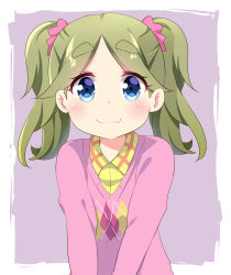 Rule 34 | 1girl, absurdres, blue eyes, blush, closed mouth, fang, fang out, green hair, hair ornament, hair scrunchie, highres, ikazu401, inuyama akari, long hair, long sleeves, looking at viewer, parted bangs, pink sweater, scrunchie, simple background, smile, solo, sweater, thick eyebrows, twintails, yurucamp