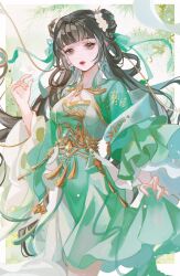 Rule 34 | 1girl, absurdres, baiguio (zhu xian), brown hair, chest cutout, chunfeng lai yuexi, closed mouth, double bun, dress, earrings, expressionless, flower, gleam, green dress, green eyes, hair bun, hair flower, hair ornament, hair rings, highres, holding, holding clothes, holding skirt, jewelry, long hair, long sleeves, skirt, solo, upper body, zhu xian