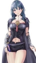 Rule 34 | 1girl, amayo thranana, armor, black shorts, blue eyes, blush, breasts, bustier, byleth (female) (fire emblem), byleth (fire emblem), cape, closed mouth, dagger, fire emblem, fire emblem: three houses, green hair, highres, knife, large breasts, looking at viewer, medium hair, midriff, navel, nintendo, short shorts, shorts, simple background, smile, solo, weapon