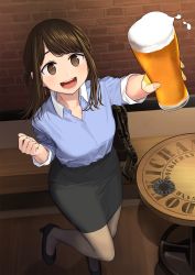 Rule 34 | 1girl, :d, alcohol, beer, blue shirt, blush, borrowed character, breasts, brown eyes, brown hair, cup, douki-chan (douki-chan), earrings, ganbare douki-chan, highres, himura kiseki, holding, holding cup, jewelry, looking at viewer, office lady, open mouth, pantyhose, pencil skirt, shirt, sidelocks, skirt, smile, solo