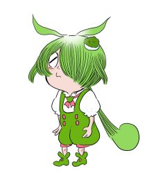 Rule 34 | 1girl, boots, brooch, closed eyes, closed mouth, commentary, food-themed hair ornament, gegege no kitarou, green footwear, green hair, green shorts, hair ornament, hair over one eye, highres, jewelry, light blush, long hair, low ponytail, mizuki shigeru (style), neck ribbon, one eye covered, parody, pink ribbon, puffy short sleeves, puffy shorts, puffy sleeves, ribbon, shiino (shi no q), shirt, short sleeves, shorts, simple background, solo, standing, suspender shorts, suspenders, tareme, voicevox, white background, white shirt, zunda mochi, zundamon