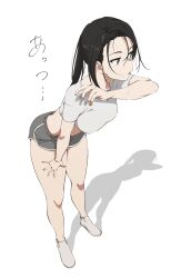 1girl akane_haruka_(sorairo_utility) bare_legs bent_over black_eyes black_hair breasts crop_top dolphin_shorts full_body grey_shorts hand_on_own_thigh highres long_hair looking_ahead medium_breasts midriff open_mouth parted_bangs ponytail saitou_kengo shadow shirt shoes short_shorts short_sleeves shorts simple_background solo sorairo_utility standing sweat thighs white_background white_footwear white_shirt