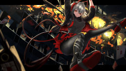 Rule 34 | 1girl, antenna hair, arknights, arms up, ass, black jacket, black pantyhose, black shirt, black skirt, blurry, breasts, building, card, commentary, depth of field, detonator, explosion, grey hair, highres, horns, jacket, looking at viewer, medium breasts, miniskirt, nev (nevblindarts), open clothes, open jacket, outdoors, outside border, pantyhose, parted lips, playing card, red eyes, shirt, shoes, short hair, skirt, sleeveless, sleeveless shirt, smile, solo, w (arknights)
