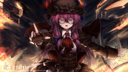 Rule 34 | 1girl, absurdres, adapted costume, alternate color, artist name, bespectacled, blue bow, blue ribbon, book, bow, breasts, candle, collar, commentary request, crescent, crescent hat ornament, dress, fingerless gloves, fire, glasses, gloves, hair bow, hat, hat ornament, hat ribbon, highres, jacket, large breasts, long hair, long sleeves, looking at viewer, mob cap, neckerchief, open book, open mouth, patchouli knowledge, purple eyes, purple hair, red bow, red neckerchief, red ribbon, ribbon, round eyewear, single glove, solo, striped clothes, striped dress, top-exerou, touhou, upper body, very long hair, watermark