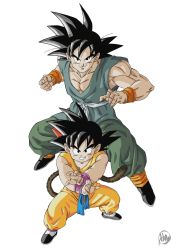 Rule 34 | 2boys, black eyes, black hair, clenched hand, dougi, dragon ball, dragon ball (classic), dragon ball gt, dual persona, fighting stance, grin, highres, kakeru (dbskakeru), male focus, monkey tail, multiple boys, muscular, muscular male, signature, smile, son goku, tail, wristband