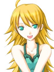 Rule 34 | 00s, 1girl, :d, ahoge, bare shoulders, blonde hair, blush, breasts, camisole, cleavage, collarbone, green shirt, hoshii miki, idolmaster, idolmaster (classic), idolmaster 1, long hair, open mouth, ribi, shirt, sleeveless, sleeveless shirt, smile, solo, v arms, very long hair