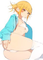 Rule 34 | 1girl, arm support, ass, bikini, blonde hair, blue hoodie, blunt bangs, blush, boku no hero academia, breasts, chestnut mouth, collarbone, double bun, feet out of frame, hair bun, halterneck, hand on own ass, highres, hood, hoodie, linea alba, looking down, lying, medium breasts, messy hair, on side, parted lips, rasusurasu, short hair with long locks, sideboob, sidelocks, simple background, sitting, skindentation, sleeves past wrists, solo, straight hair, swimsuit, thighhighs, toga himiko, tsurime, white background, white bikini, white thighhighs, yellow eyes, yokozuwari