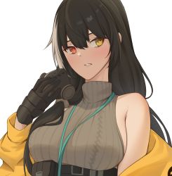 Rule 34 | 1girl, act (xadachit), ammunition belt, black gloves, black hair, blush, brown sweater, clothes pull, gas mask, girls&#039; frontline, gloves, heterochromia, holding, holding mask, id card, jacket, jacket pull, long hair, looking at viewer, mask, multicolored hair, open mouth, red eyes, ro635 (girls&#039; frontline), ro635 (mod3) (girls&#039; frontline), solo, streaked hair, sweater, upper body, white background, yellow eyes, yellow jacket