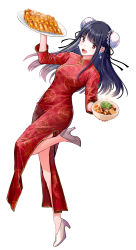 Rule 34 | 1girl, :d, black hair, bowl, china dress, chinese clothes, double bun, dress, dumpling, ear piercing, food, full body, hair bun, high heels, highres, holding, holding bowl, holding plate, jiaozi, kazuharu kina, leg up, long hair, looking at viewer, official art, open mouth, original, piercing, plate, red eyes, shampoo (ranma 1/2), simple background, smile, solo, white background, white footwear