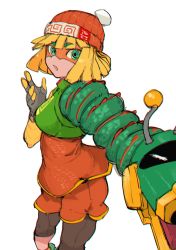 Rule 34 | 1girl, arms (game), beanie, black leggings, blonde hair, breasts, chromatic aberration, domino mask, dragon (arms), green eyes, hand up, hat, highres, leggings, mask, medium breasts, min min (arms), nikukaiq, open mouth, orange hat, orange shorts, short hair, shorts, simple background, solo, white background