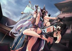 Rule 34 | 10s, 2girls, \m/, animal ears, anklet, architecture, armpits, ass, back-to-back, bad id, bad twitter id, barefoot, bell, bikini, black bikini, black hair, blue eyes, breasts, day, detached sleeves, east asian architecture, erune, hand fan, finger to mouth, flower, folding fan, fox ears, fox shadow puppet, fox tail, gloves, granblue fantasy, hair bell, hair flower, hair ornament, hand on head, holding, holding sword, holding weapon, jewelry, jingle bell, leg ribbon, long hair, medium breasts, multiple girls, panties, pantyshot, red eyes, ribbon, saraki, sideboob, silver hair, sky, societte (granblue fantasy), standing, standing on one leg, swimsuit, sword, tail, thighhighs, toeless legwear, toes, underwear, very long hair, weapon, wide sleeves, yuel (granblue fantasy)