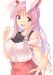 Rule 34 | 1girl, :d, alternate costume, animal ears, bare shoulders, blush, breasts, casual, commentary request, contemporary, hand up, highres, hisae (hisae collect), large breasts, long hair, looking at viewer, off-shoulder shirt, off shoulder, open mouth, pink skirt, purple hair, rabbit ears, reaching, reaching towards viewer, red eyes, reisen udongein inaba, shirt, simple background, skirt, smile, solo, touhou, upper body, white background, white shirt