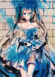 Rule 34 | 1girl, absurdly long hair, bare shoulders, belt, blue eyes, blue hair, brick wall, collarbone, commentary request, dress, hatsune miku, highres, karanagare, long hair, long sleeves, looking at viewer, off-shoulder dress, off shoulder, smile, solo, twintails, very long hair, vocaloid, wide sleeves