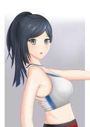 Rule 34 | 1girl, absurdres, alternate hairstyle, artist name, artist request, bare shoulders, black hair, blue hair, blush, breasts, dark blue hair, female focus, grey background, grey eyes, hair ornament, hairclip, highres, long hair, looking at viewer, looking to the side, love live!, love live! nijigasaki high school idol club, medium breasts, pants, parted lips, ponytail, red pants, shirt, side ponytail, sideboob, smile, solo, tank top, white shirt, white tank top, yuki setsuna (love live!)